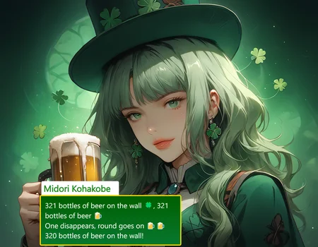 score_9, score_8_up, score_8, medium breasts, (ultra realistic,32k, masterpiece:1.2), (high detailed skin:1.1), (high quality:1.1),  
(upper body, portrait:1),  
ShamrockWorld, clover, four-leaf clover, light particles, solo,  
corset, long sleeves, collared dress, solo, rosy cheeks, half-lidded eyes, lopsided smile, slightly swaying posture, gripping mug loosely, beer foam on lips, relaxed shoulders, (top hat), holding, belt, cup, no humans, holding cup, alcohol, mug, green headwear, hat feather, beer, beer mug, clover, four-leaf clover, green cape, green capelet,  
volumetric lighting, mood lighting, low lights, soft light, hazy, intricate details, rating_explicit, (ultra realistic, 32k, masterpiece:1.2), (high detailed skin:1.1), (high quality:1.1), bokeh, luminescent background, zPDXL, ral-cltc, Expressiveh, Midori, Long, dark green hair, Wavy hair, Green eyes, Fair skin, Casual clothing, Relaxed style, No visible accessories, Slender build, midori, lips,