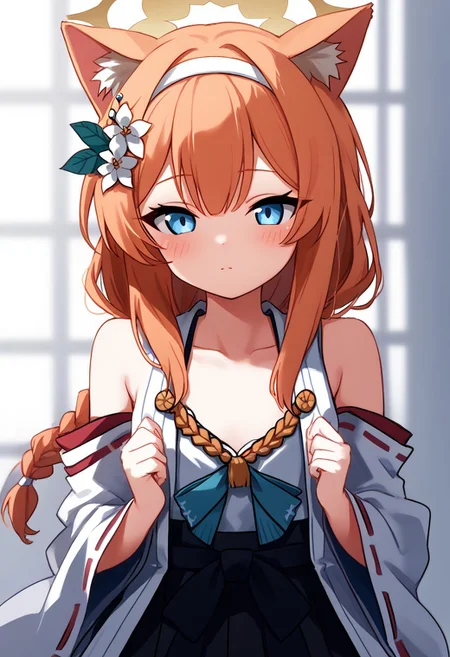 score_9, score_8_up, score_7_up, upper body blue_eyes, orange_hair, braid, long_hair, flat_chest, halo, hair_flower, animal_ear_fluff, gym_long pants,white_hairband Mari_(Blue_Archive),Mari_(Blue_Archive),
Upper body <lora:kancolle-kongou-cosplay-ponyxl-lora-nochekaiser:1>, kancolle kongou cosplay, kongou (kancolle) (cosplay), kongou pose, nontradional miko, cosplay, ribbon-trimmed sleeves, ribbon trim, bare shoulders, headgear,