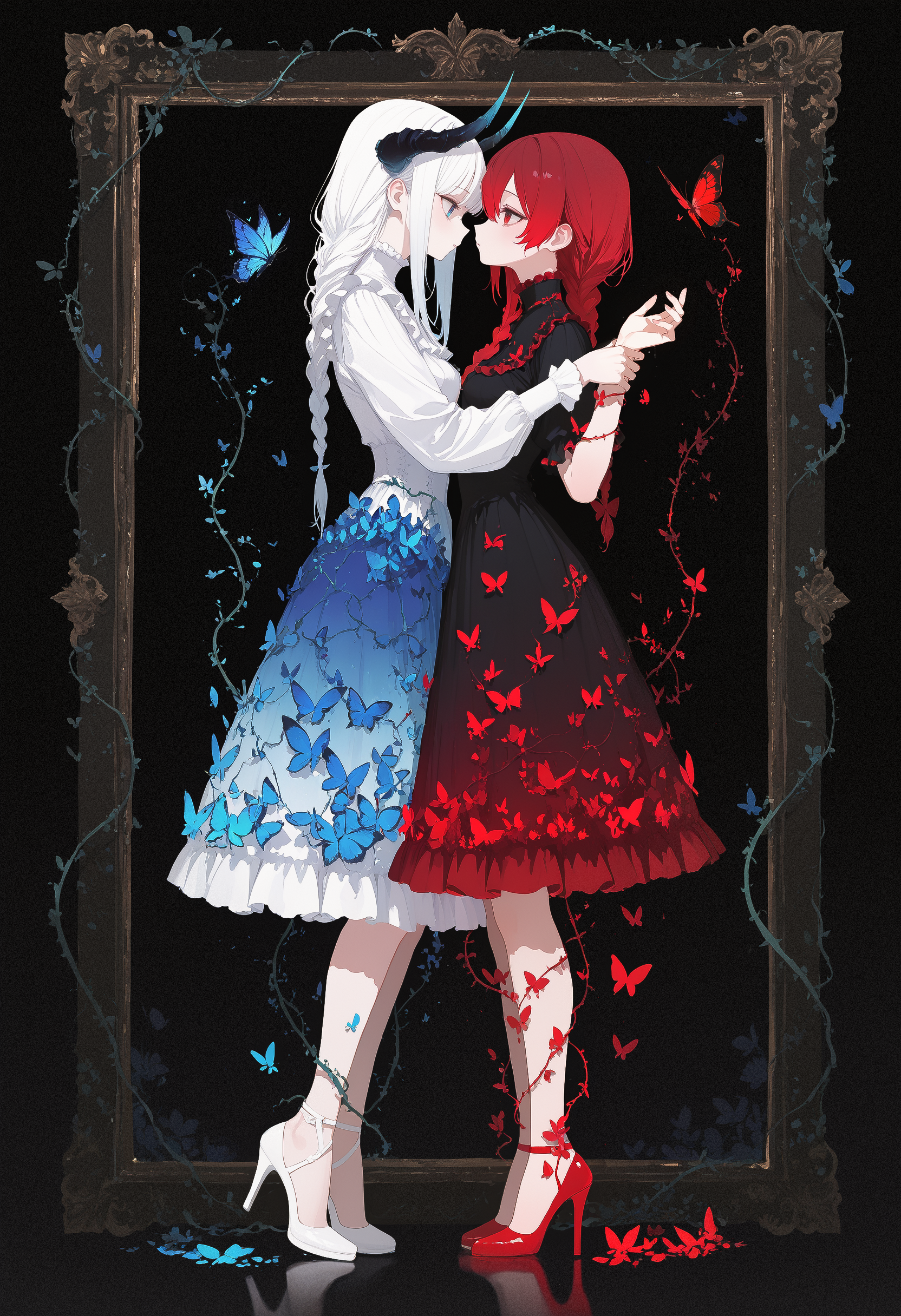 masterpiece, very awa, amazing quality, best quality, newest, highres, absurdres, 2girls, multiple girls, white hair, long hair, red hair, single braid, red frilled dress, horns, white frilled dress, high heels, white footwear, red footwear, grabbing another wrist, full body, face-to-face, profile, black background, gradient background, picture frame, red butterfly, blue butterfly, (flowers), vines, gradient, surreal, <lora:NOOB_vp1_detailer_by_volnovik_v1:0.3> <lora:ponyv6_noobV1_2_adamW-000017:0.3> <lora:illustriousXL_stabilizer_v1.23:0.3> <lora:114558v4df2fsdf5:0.5> <lora:XXX667:0.5> <lora:mon_monmon2133:0.4>
