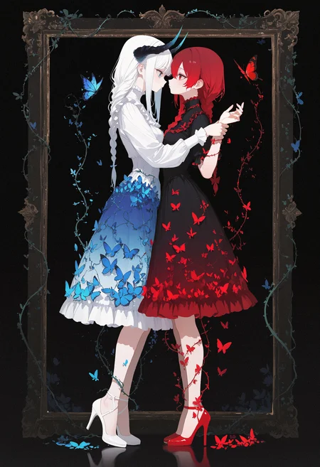 masterpiece, very awa, amazing quality, best quality, newest, highres, absurdres, 2girls, multiple girls, white hair, long hair, red hair, single braid, red frilled dress, horns, white frilled dress, high heels, white footwear, red footwear, grabbing another wrist, full body, face-to-face, profile, black background, gradient background, picture frame, red butterfly, blue butterfly, (flowers), vines, gradient, surreal, <lora:NOOB_vp1_detailer_by_volnovik_v1:0.3> <lora:ponyv6_noobV1_2_adamW-000017:0.3> <lora:illustriousXL_stabilizer_v1.23:0.3> <lora:114558v4df2fsdf5:0.5> <lora:XXX667:0.5> <lora:mon_monmon2133:0.4>