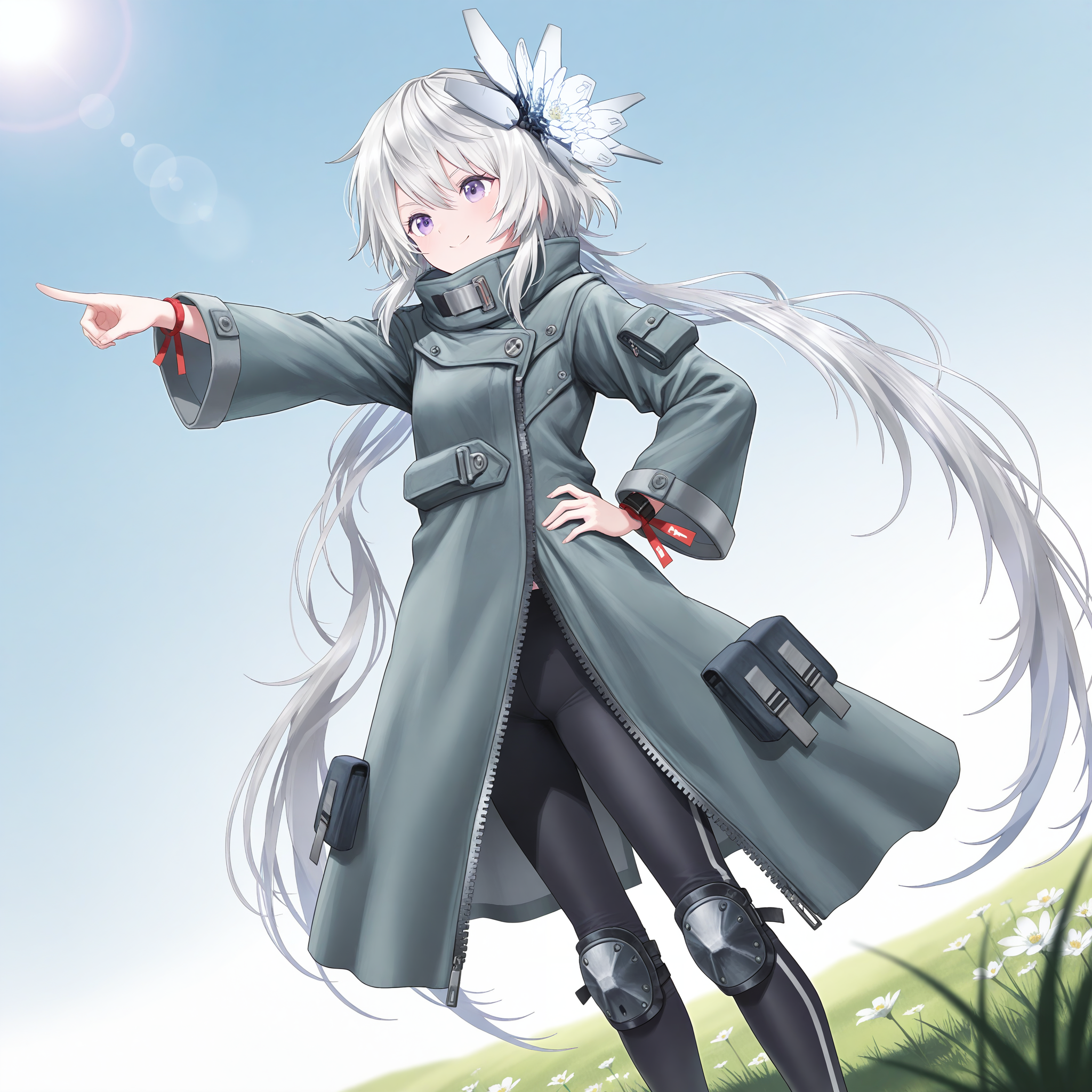 <lora:Philia_1_nai-000020:1>,Philia \(Tsui no Stella\),twintails,hair ornament,hair flower,mechanical flower,white flower,
coat,knee pads,zipper,long sleeves,wide sleeves,wrist ribbon,red ribbon,black leggings,coat pouch,
1girl,solo,smile,standing,on grass,standing,hand on own hip,dutch angle,depth of field,lens_flare,looking_ahead,looking_afar,pointing,legs apart,outstretched arm,from side,from below,simple background,sky,