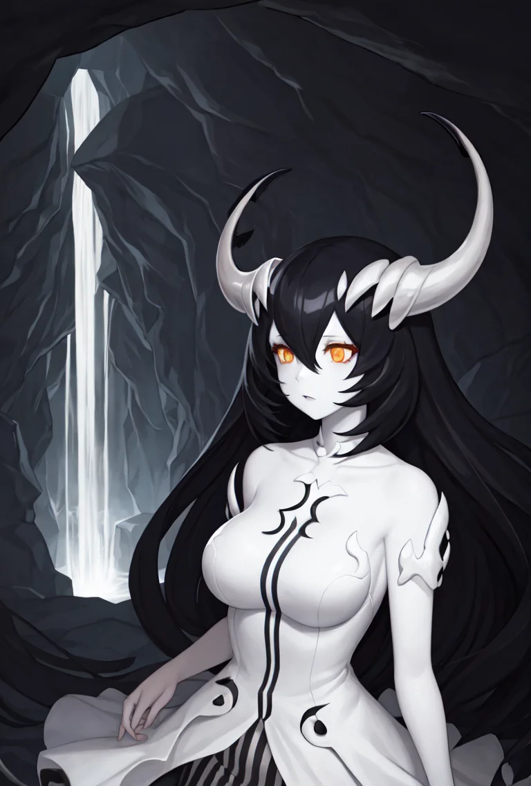 best illustration, digital painting, cavern+waterfall, stalactites, jagged rocks, anchorage water oni, all fours, upper body, 1girl, glowing eyes, black hair, breasts, colored skin, horns, long hair, orange eyes, pale skin, bare shoulders, (double vertical stripes white dress:1.1), black skirt, overskirt, hrrsks, <lora:Anchorage Water Oni-2:0.85>