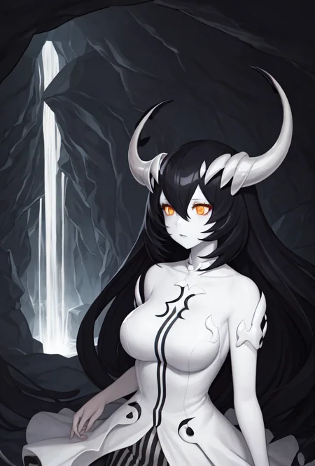 best illustration, digital painting, cavern+waterfall, stalactites, jagged rocks, anchorage water oni, all fours, upper body, 1girl, glowing eyes, black hair, breasts, colored skin, horns, long hair, orange eyes, pale skin, bare shoulders, (double vertical stripes white dress:1.1), black skirt, overskirt, hrrsks, <lora:Anchorage Water Oni-2:0.85>