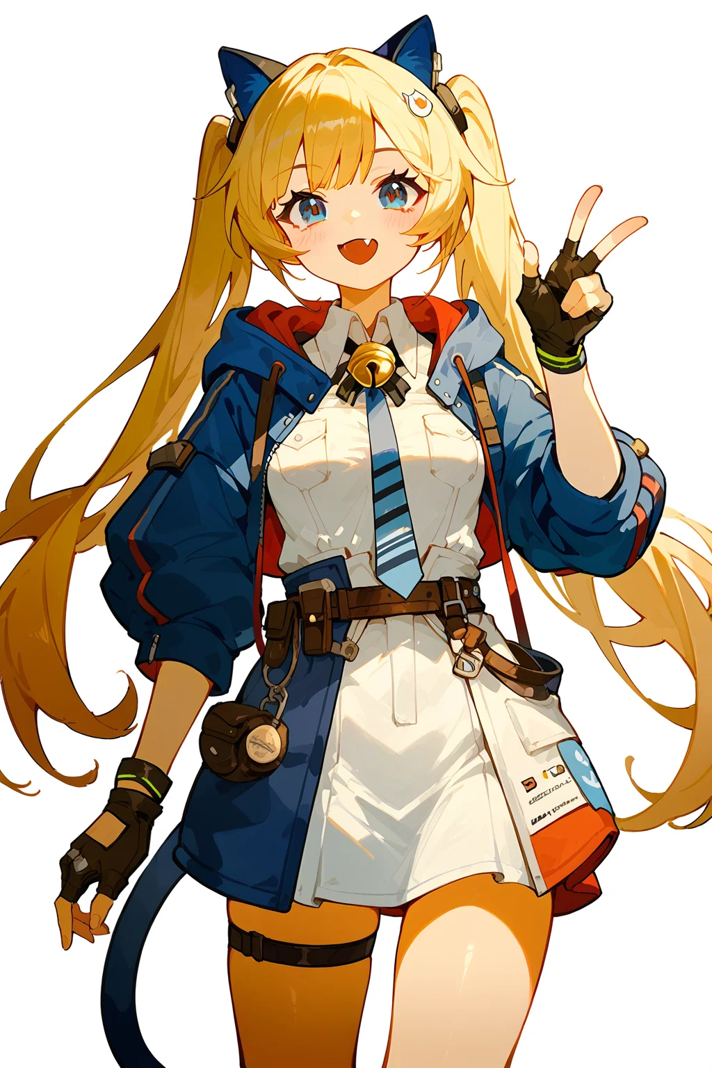 (score_9,score_8_up,score_7_up),<lora:Michele(kalabiqiu)-v1:1>,Michele(kalabiqiu),1girl,twintails,gloves,long hair,blonde hair,solo,fang,v,animal ears,necktie,white background,bell,tail,jacket,blue eyes,open mouth,fingerless gloves,cat tail,simple background,cat ears,black gloves,looking at viewer,blue jacket,blush,hand on hip,white dress,smile,dress,very long hair,breasts,bangs,pouch,cowboy shot,neck bell,medium breasts,belt,
good feet,anime,NSFW,expressive,amazing quality,ultra hd 32k,