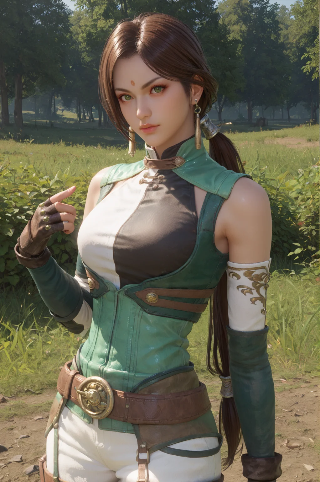 score_9, score_8_up, score_7_up, half body shot, Standing with one hand on the waist, <lora:Yueying_Dynasty_Warriors:0.7> 1girl, solo, green eyes, brown hair, long hair, ponytail, earrings, jewelry, fingerless gloves, looking at viewer, outdoors