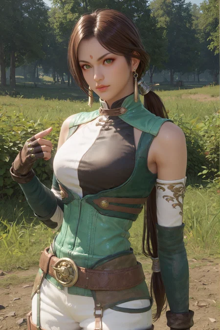score_9, score_8_up, score_7_up, half body shot, Standing with one hand on the waist, <lora:Yueying_Dynasty_Warriors:0.7> 1girl, solo, green eyes, brown hair, long hair, ponytail, earrings, jewelry, fingerless gloves, looking at viewer, outdoors