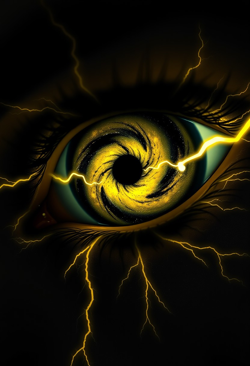 A hyper-detailed close-up of a human eye with the iris and pupil transformed into an abstract galaxy with a high-contrast yellow and black theme. The swirling pupil features deep blacks and vibrant yellows, with dynamic lightning bolts arcing through the galaxy, creating a sense of intense energy and movement. Surrounding the eye, stylized makeup in bold black and bright yellow mirrors the lightning, with sharp, jagged lines that radiate outward like electricity. The atmosphere is dark and moody, charged with a sense of power and mystery, while the face fades into deep shadow, drawing all focus to the electrifying eye.