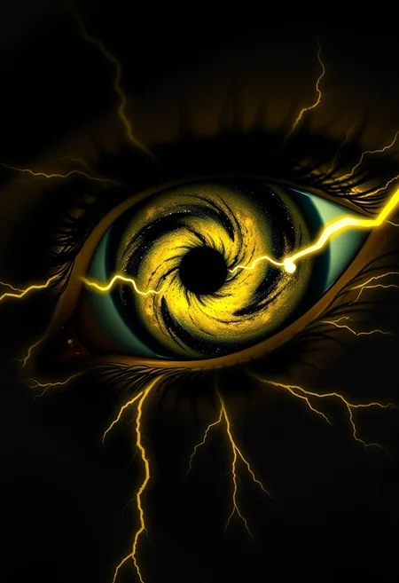 A hyper-detailed close-up of a human eye with the iris and pupil transformed into an abstract galaxy with a high-contrast yellow and black theme. The swirling pupil features deep blacks and vibrant yellows, with dynamic lightning bolts arcing through the galaxy, creating a sense of intense energy and movement. Surrounding the eye, stylized makeup in bold black and bright yellow mirrors the lightning, with sharp, jagged lines that radiate outward like electricity. The atmosphere is dark and moody, charged with a sense of power and mystery, while the face fades into deep shadow, drawing all focus to the electrifying eye.