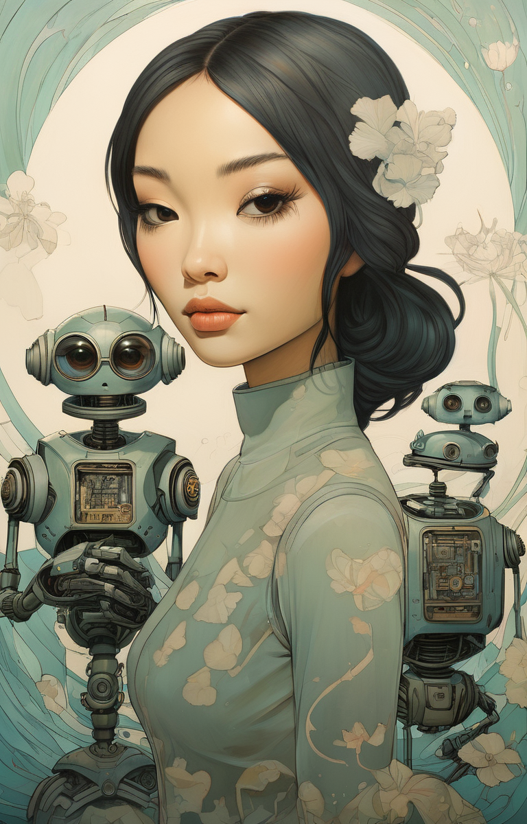 masterpiece,best quality,<lora:tbh280-sdxl:0.9>,illustration,style of Audrey Kawasaki
 portrait of Housework robots