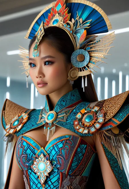 A hyper-realistic depiction of a single woman's upper body, adorned in intricately designed fantasy clothing that blends traditional Indonesian patterns with futuristic elements, set against a sleek, modern backdrop that incorporates subtle hints of Indonesian culture, with soft, natural lighting and a shallow depth of field, in the style of a high-end fashion photograph, with vibrant colors and exquisite texture details.