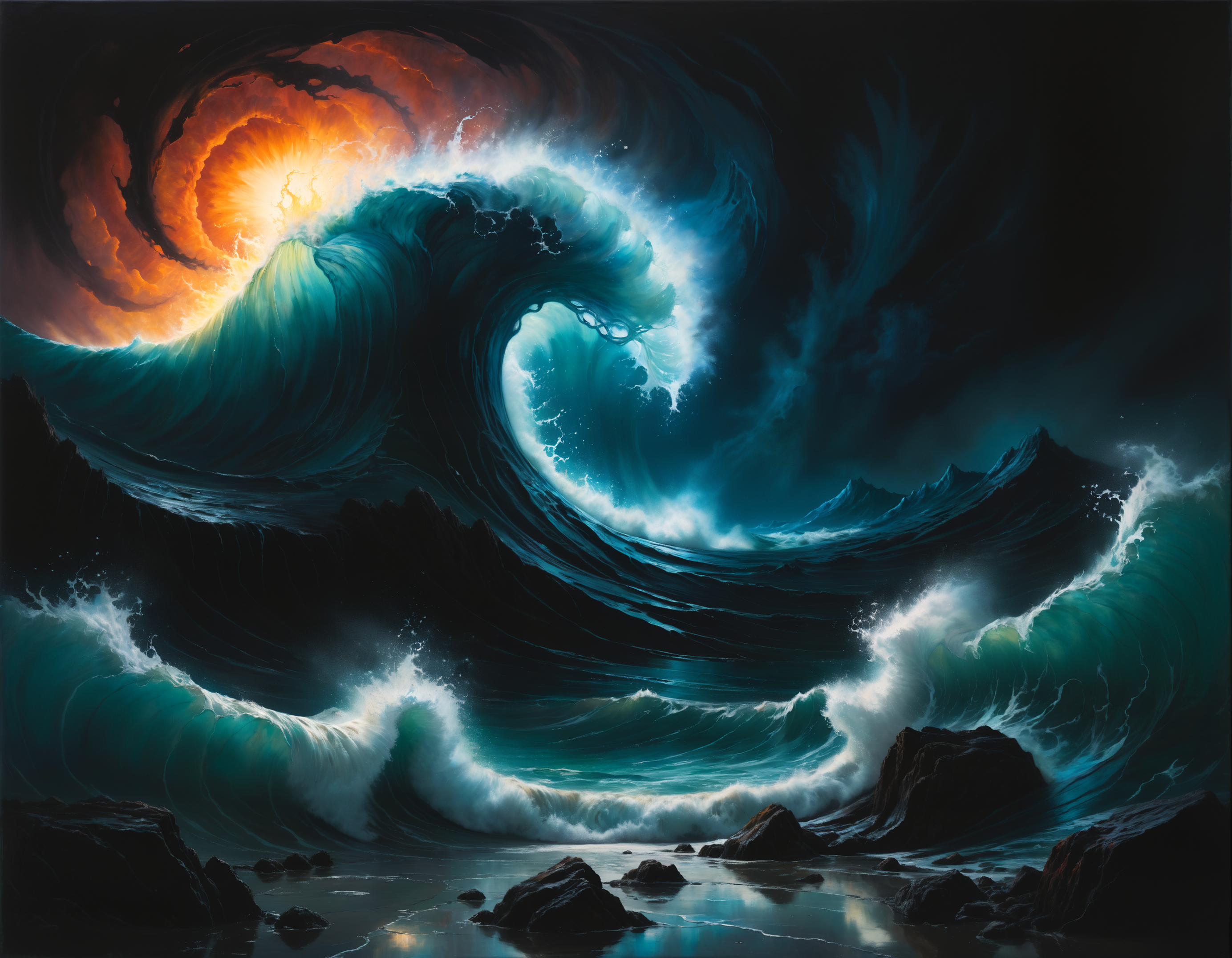 dark (impressionism:1.3) (painting) of atlantis getting swallowed by a tsunami