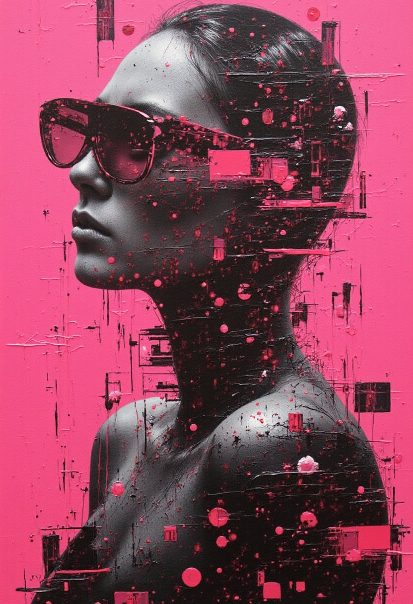 magenta white and black , oil painting, from the waist up profile, sharp focus, (biopunk:1.3) and (dark fantasy:0.5) and (retrofuturism:1.1),
unusual head, candies, transparent crystals, glitter.
saturated dirt color background. 
gemetric shape on background.
in the style of gerald brom and Joseph Cross.
The painting features dark tones, side lighting, high contrast, clean lines, high resolution, and high detail.