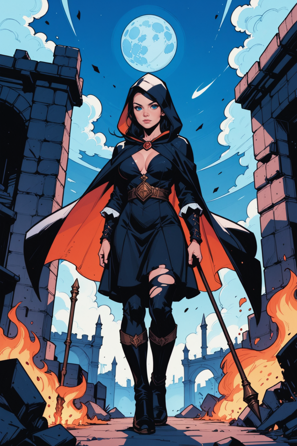 1girl, black hair, staff, long hair, holding, solo, dress, moon, cloak, cape, night, holding staff, standing, ruins, torn clothes, fire, sky, outdoors, looking at viewer, breasts, full body, black dress, pale skin, cloud, cloudy sky, hood, <lora:Expressive_H:0.5>, score_9, score_8_up, score_8_up, a_Comic_Illustration, rough lines with ink, (drawn:1.1), (sketch:1.5), (crosshatching:1.25), (comic style:1.1), graphic novel style, sharp lines, hires, zstyle, (western comics \(style\):1.1), (hatching \(texture\):1.2), zPDXL, Mr_Monster_Possitive