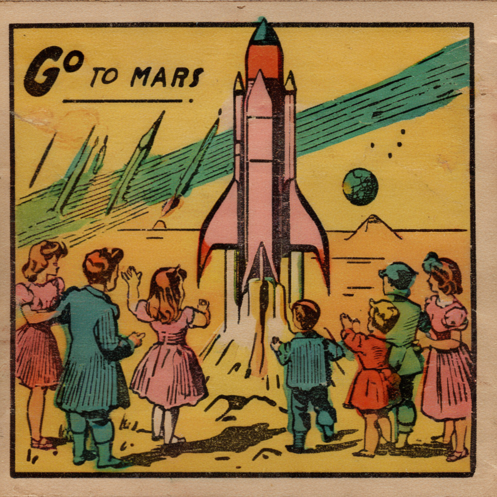 manucolgraf text "go to mars" advertisement, rocket launch, group of people around <lora:manucolgraf:0.8>