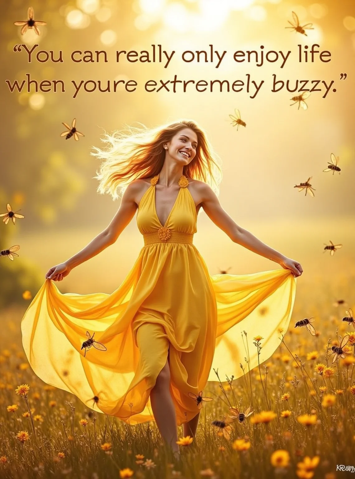 A Poster with a qoute saying " “You can really only enjoy life when youre extremely buzzy.”" feautring  stunning woman with a radiant smile and golden locks dances in a sun-kissed field, surrounded by a swarm of busy honeybees. Her dress flows like a river of honey as she twirls, her arms outstretched, rejoicing in the sweet symphony of buzzing wings. Moneyflying, a masterpiece of movement and light, this joyful scene is bathed in warmth, with the beauty of nature and the beauty of life intertwined.