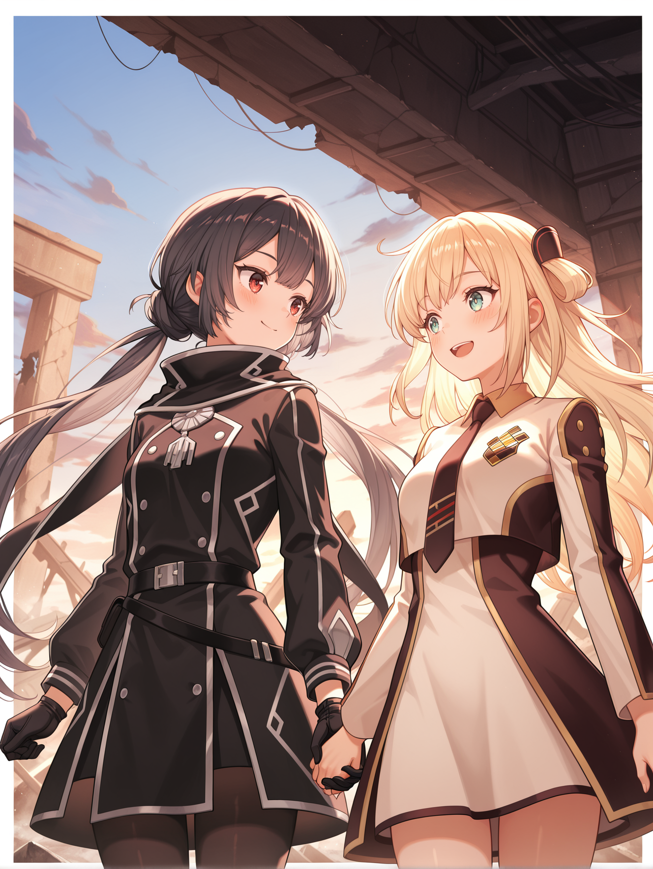 2girls,smile,holding hands,cloud,open mouth,blue sky,upper body,looking at another,low twintails,closed mouth,outdoors,blush,sky striker ace - raye,ordinary uniform,brown hair ornament,white cropped jacket,brown waist cape,white collared dress,brown necktie,sky striker ace - roze,black scarf,black military uniform,black gloves,black pantyhose,black hair ornament,white border, evening, ruins, broken mechanical parts
masterpiece,best quality,amazing quality,very aesthetic,absurdres,newest,<lora:Sky striker ace - Raye & Roze illusXL v1.1:0.71>,