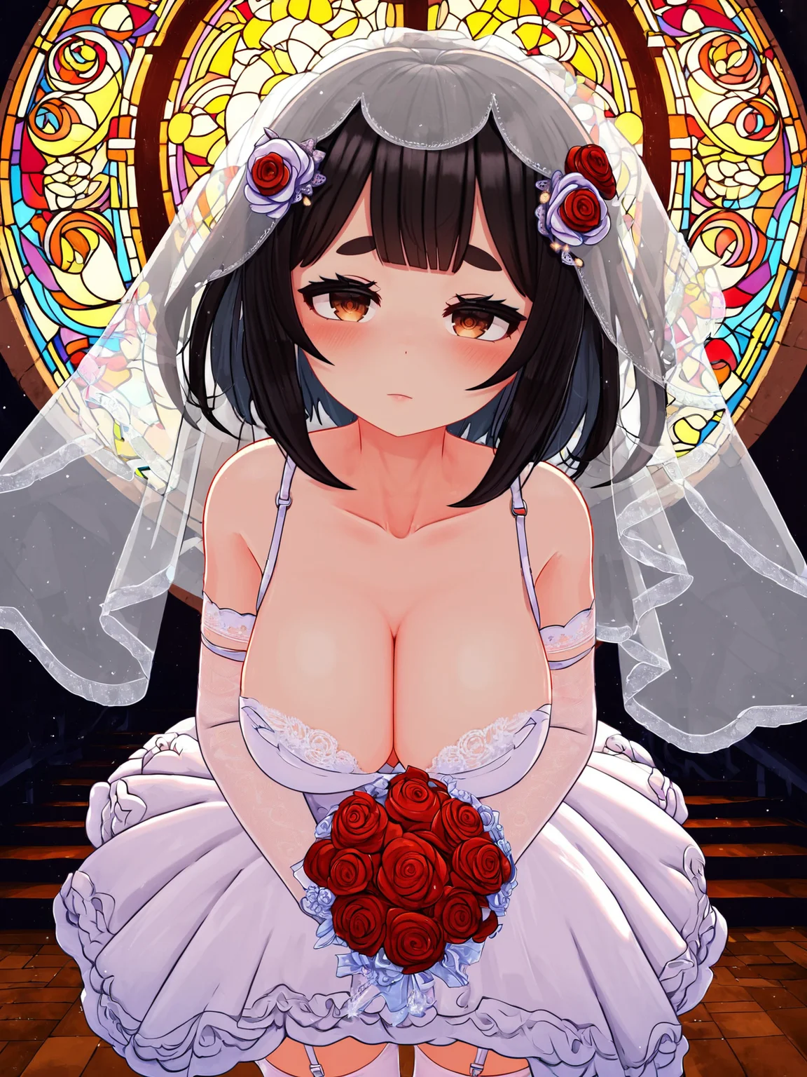 score_9, score_8_up, score_7_up, score_6_up, score_5_up, max detail, 4k wallpaper, masterpiece, best quality, absurdres, highres, dynamic angle, dynamic pose, source_anime,
(VRChat:1.2),
1girl, solo, flower, breasts, dress, bouquet, veil, thighhighs, thick eyebrows, wedding dress, sidelocks, looking at viewer, short hair with long locks, bridal veil, large breasts, hair flower, hair ornament, white dress, white thighhighs, see-through, holding, garter straps, rose, black hair, holding bouquet, closed mouth, bare shoulders, frills, red flower, gloves, blush, bangs, cleavage, leaning forward, red rose, elbow gloves, lace, lace gloves, collarbone, blunt bangs, lace trim, brown eyes, short eyebrows, backlighting, from below, church, stained glass,
<lora:VRChat_V2:0.9>