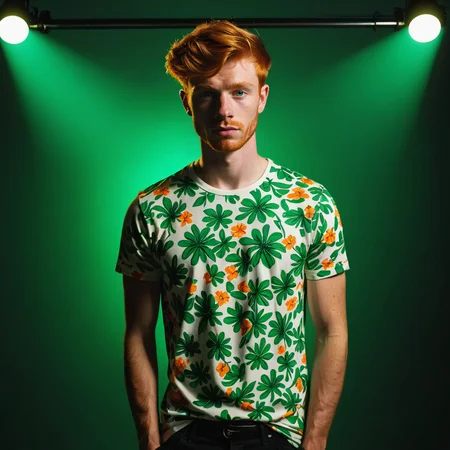 Raw photo, high saturation, full body shot of a juicy Irish twunk, guy next door pose, model, boy next door, floral patterned white skinny t-shirt, cheeky, very short ginger hair, ginger stubble, high fashion, (silhouette), (shadows), skin imperfections,
BREAK
photography studio background, green neon stage lighting