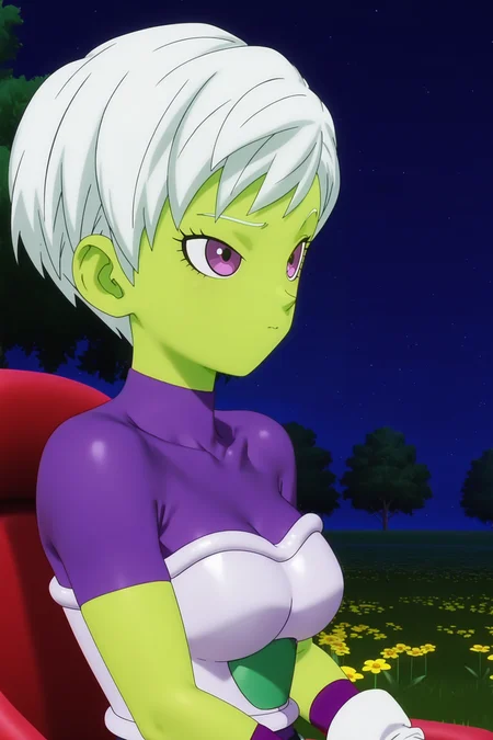 anime screencap, absurdres, high quality, official style,
cheelai, 3d animation, 1girl, solo, breasts, short hair, raised eyebrow, purple eyes, eyelashes, white hair, colored skin, green skin, strapless, saiyan armor, skin tight, collarbone, undershirt, short sleeves, purple shirt, purple wristband, white gloves, tree, red chair, sitting on chair, field, night, flower, looking at another, upper body
<lora:Cheelai_IL:0.8>