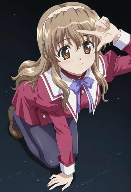 masterpiece, best quality, amazing quality, anime screencap, anime coloring, 1girl, solo,  <lora:DX888HarukaIL:1> nogizaka haruka, brown hair, brown eyes, long hair
hairband, school uniform, long sleeves, purple bowtie, pantyhose, mary janes,   BREAK black background, marble background,  (simple background:1.2) BREAK  (dynamic pose:1.2), smile, blsuh, finger frame, all fours, from above,