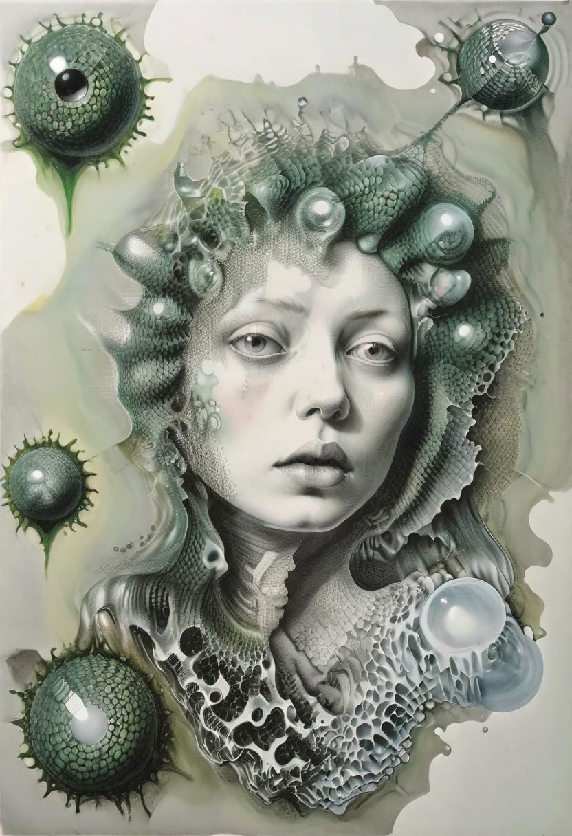 raw sketch of interwoven concrete cement pebbles cob cobblestone shell fishscales snakeskin, melting flesh covered in moss rot mold bubbles droplets, by Hans Bellmer, by Malevitch, by Kandinsky, Surreal psychedelic bizarre, psychedelic hallucination, pop surrealism, rough crosshatch drawing pop art Lunatic_Portrait of a young woman in latex Avant-garde Fashion page, slick back, low bun, black makeup, sinister expression, intense glare, avant-garde, abstract, weird, geometric, constructivism, suprematism, rayonism, verticism, lineism, tj