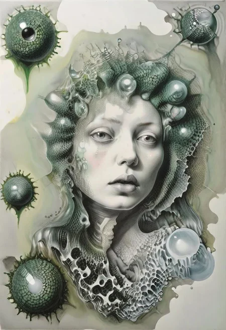 raw sketch of interwoven concrete cement pebbles cob cobblestone shell fishscales snakeskin, melting flesh covered in moss rot mold bubbles droplets, by Hans Bellmer, by Malevitch, by Kandinsky, Surreal psychedelic bizarre, psychedelic hallucination, pop surrealism, rough crosshatch drawing pop art Lunatic_Portrait of a young woman in latex Avant-garde Fashion page, slick back, low bun, black makeup, sinister expression, intense glare, avant-garde, abstract, weird, geometric, constructivism, suprematism, rayonism, verticism, lineism, tj