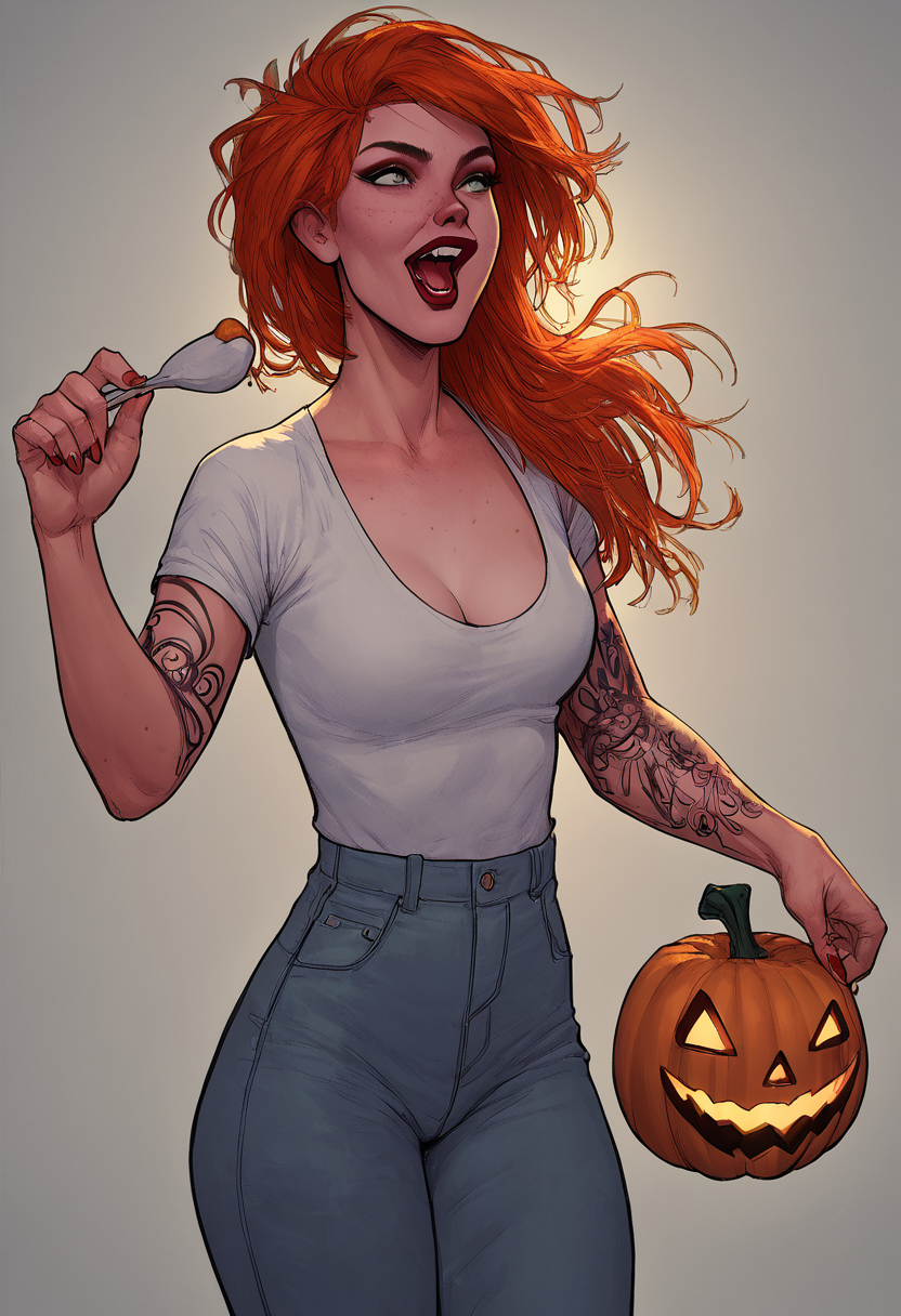 score_9, score_8_up, score_7_up, score_6_up, score_5_up, score_4_up, <lora:Arieth-PXL:1> arieth-pxl, arieth, 1girl, solo, open mouth, holding, food, makeup, lipstick, freckles, jack-o'-lantern, pumpkin <lora:Jabstyle_AMXLV1:1> Jabstyle