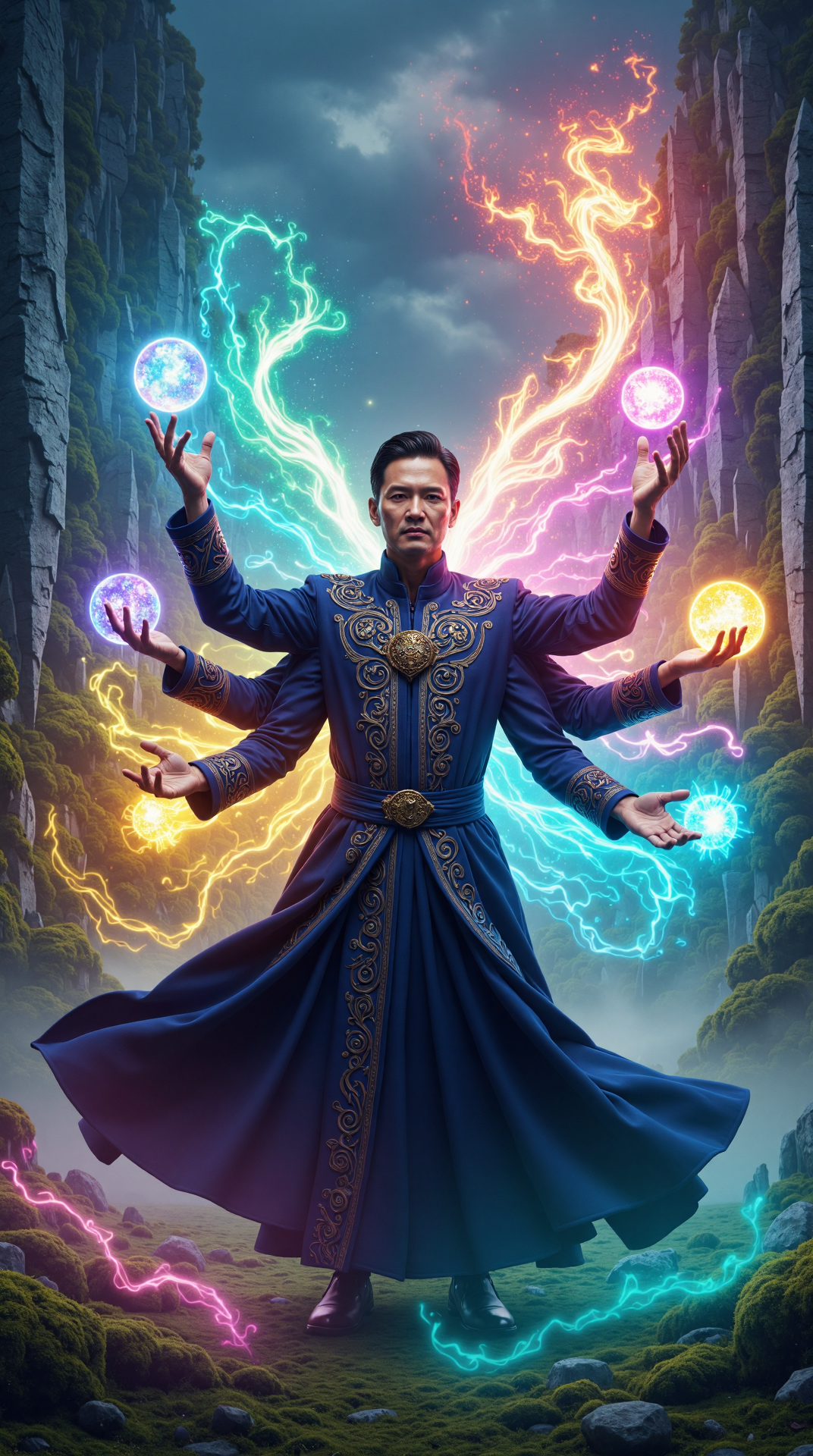 A male Light Mage with manymany arms, each arm radiating a different hue of light, from soft pastels to vibrant neons. In each of his manymany arms, he holds a unique, glowing orb that pulses with an otherworldly energy, as if the very essence of the elements has been distilled into these shimmering spheres. One arm is outstretched, with an orb bursting forth in a brilliant explosion of light, while another arm is gently cradling a delicate, iridescent orb that seems to be whispering secrets to the mage. A third arm is poised, ready to unleash a blast of energy, as a fourth arm leans against a magnificent, crystal-encrusted staff that shimmers with an inner light. The mage's manymany arms are arranged in a dynamic, sweeping pose, as if he is conducting a celestial orchestra, with the orbs and staff serving as his instruments. His long, flowing robes are a deep, midnight blue, with intricate, swirling patterns that seem to shift and shimmer in harmony with the light emanating from his manymany arms.
The scene is set in a breathtaking, mystical landscape, with towering crystal spires that pierce the sky like shards of glass, and a backdrop of swirling, ethereal clouds that seem to be infused with the essence of the elements. The ground is covered in a soft, lush moss that glows with a gentle, luminescent light, and the air is filled with a kaleidoscope of colors, as if the very fabric of reality is being woven and unwoven in a dazzling display of light and energy. The camera angle is low and dramatic, looking up at the mage with a sense of awe and wonder, as if the viewer is witnessing a truly transcendent moment of magical power and beauty.
The image is photorealistic and has cinematic vibes. Beautiful atmospheric lighting. Professional photography. <lora:ManyMany:0.7>