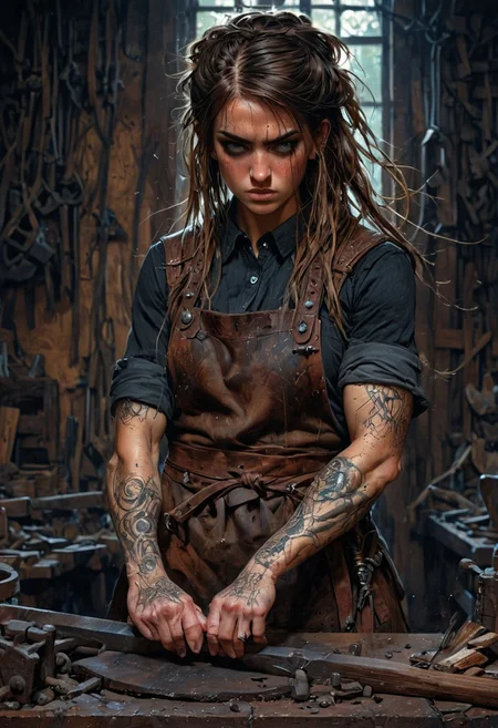 1girl, (solo:1.1), woman, blacksmith, black hearts, brown hair, long hair, tied hair, cleavage, blush, leather apron, focused, hammer and anvil, tool belt, forge background, tattoos, perfect anatomy, approaching perfection, dynamic, highly detailed, smooth, sharp focus, art by Carne Griffiths and Wadim Kashin, trending on artstation, sharp focus, intricate details, highly detailed, by greg rutkowski, mysterious, epic, cinematic, digital art, 4k, <lora:EpicF4nta5yXL:1>