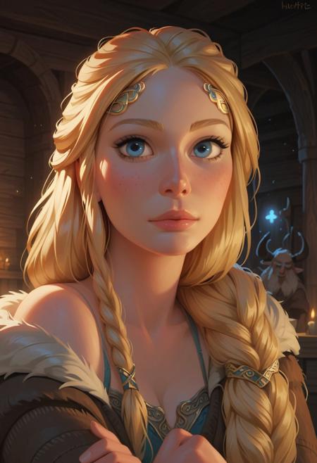 score_9,score_8_up,score_7_up,score_6_up, masterpiece, realistic, highly detailed, 1girl, viking woman, (cute intriguing face, slender natural body:1.1), detailed blue eyes, blonde hair, braided ponytail, Norse jewelry, pensive, eyelashes, medieval, historical dress, fur coat, stars, cowboy shot, viking, calm, rest (natural lighting:1.3), background characters