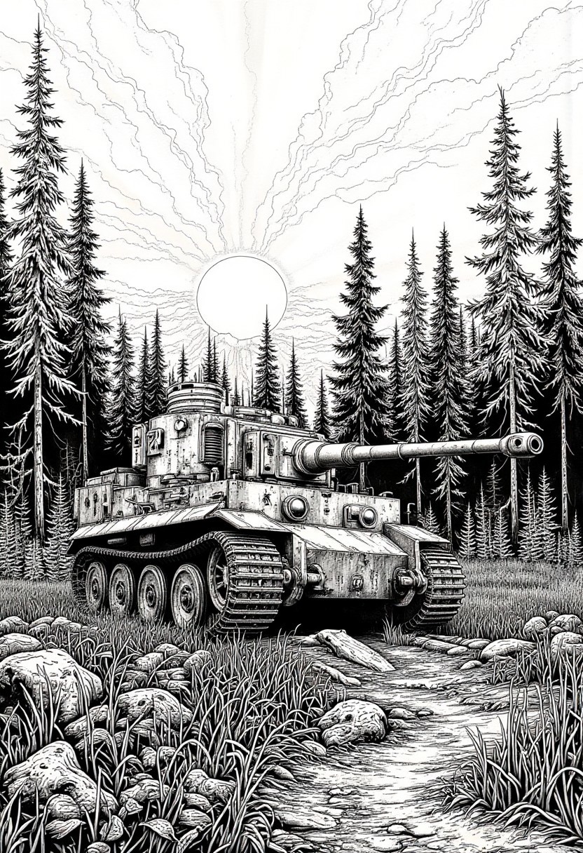 Graphic illustration, in black and white, of a terrestrial forest landscape with a brilliant sunset. 1 German tiger tank with camouflage bushes, 
 <lora:Dieselcore:0.7> d1eselc0re <lora:Glitchcore_Flux:0.4> gl1tchc0re