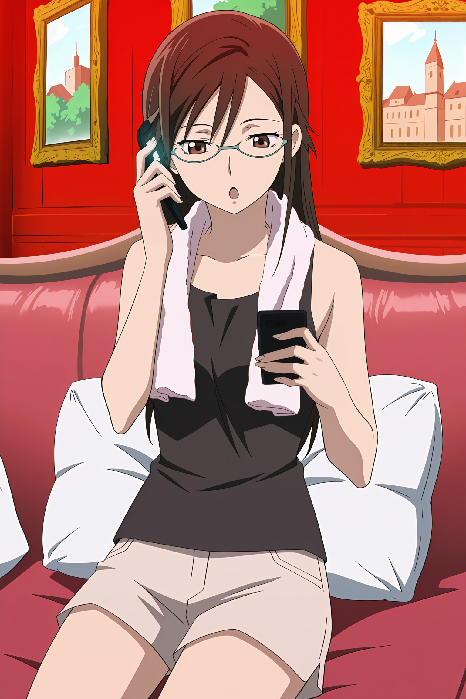 anime screencap, anime coloring, detailed face, masterpiece, best quality, very aesthetic, absurdres, volumetric lighting, official style, amazing quality, ultra detailed,  highres, amazing quality, scenery, beautiful detailed hair, beautiful detailed eyes, defined fingers, five fingers,
<lora:StS-Illustrious-Detail-Slider-v1.0:4>
 <lora:Misaki_Kirihara_Darker_Than_Black:1>
next to a red brick building,
Misaki indoor clothes (outfit), Misaki Kirihara (character), 1girl, solo, glasses, couch, shorts, towel, brown hair, hair down, sitting, towel around neck, brown eyes, pillow, long hair, cup, painting (object), tank top, :O, cowboy shot, holding cell phone to ear
