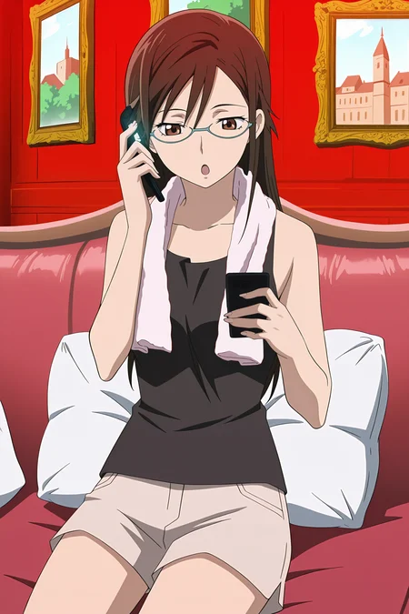 anime screencap, anime coloring, detailed face, masterpiece, best quality, very aesthetic, absurdres, volumetric lighting, official style, amazing quality, ultra detailed, highres, amazing quality, scenery, beautiful detailed hair, beautiful detailed eyes, defined fingers, five fingers,
<lora:StS-Illustrious-Detail-Slider-v1.0:4>
<lora:Misaki_Kirihara_Darker_Than_Black:1>
next to a red brick building,
Misaki indoor clothes (outfit), Misaki Kirihara (character), 1girl, solo, glasses, couch, shorts, towel, brown hair, hair down, sitting, towel around neck, brown eyes, pillow, long hair, cup, painting (object), tank top, :O, cowboy shot, holding cell phone to ear