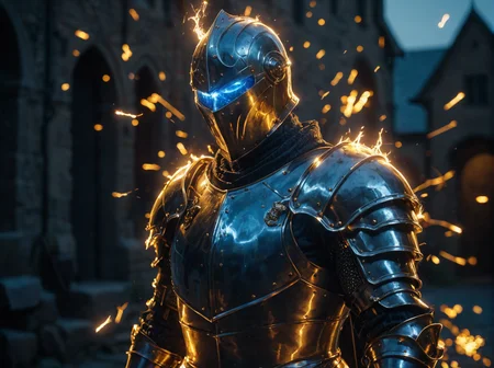 glowneon, glowing medieval knight emitting sparks and electricity, dark blue and yellow, glowing eyes, cinematic film still <lora:glowneon_xl_v1:1> <lora:add-detail-xl:0.8>