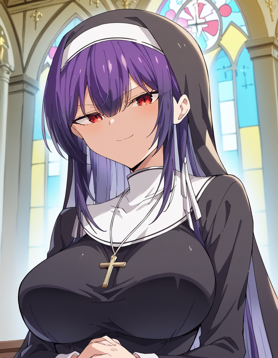 score_9, score_8_up, score_7_up, source_anime, <lora:takane-takamine-trailer-ponyxl-lora-nochekaiser:1>, takane takamine, long hair, red eyes, purple hair, large breasts, bangs, very long hair, hair between eyes, <lora:traditional-nun-ponyxl-lora-nochekaiser:1>, traditional nun, nun, habit, long sleeves, dress, black dress, jewelry, black veil, cross, cross necklace,, church, smug, praying,, , dutch angle, cowboy shot