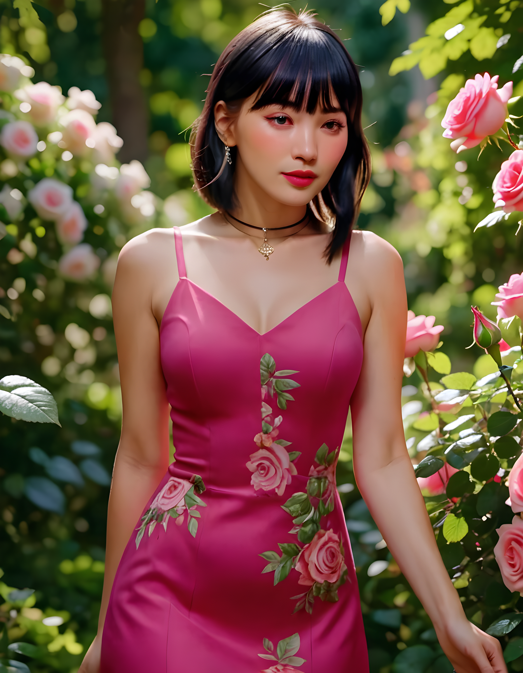 In a vibrant, sunlit garden adorned with blooming roses and lush greenery, a captivating woman named K1MCWYT, with black hair styled in blunt bangs that cascade down her forehead, wears a striking red dress with a high collar and a delicate necklace. Her lips are painted a bold shade of fuchsia, mirroring the roses around her. She stands tall, gazing directly at the viewer, her eyes filled with an enigmatic mix of curiosity and determination, under the soft, dappled sunlight filtering through the foliage above. The camera is positioned slightly from the side, capturing her portrait in a three-quarter view that highlights the graceful curve of her neck and the elegant lines of her dress, while the garden's lush greenery and colorful flowers form an ethereal backdrop to this captivating scene.