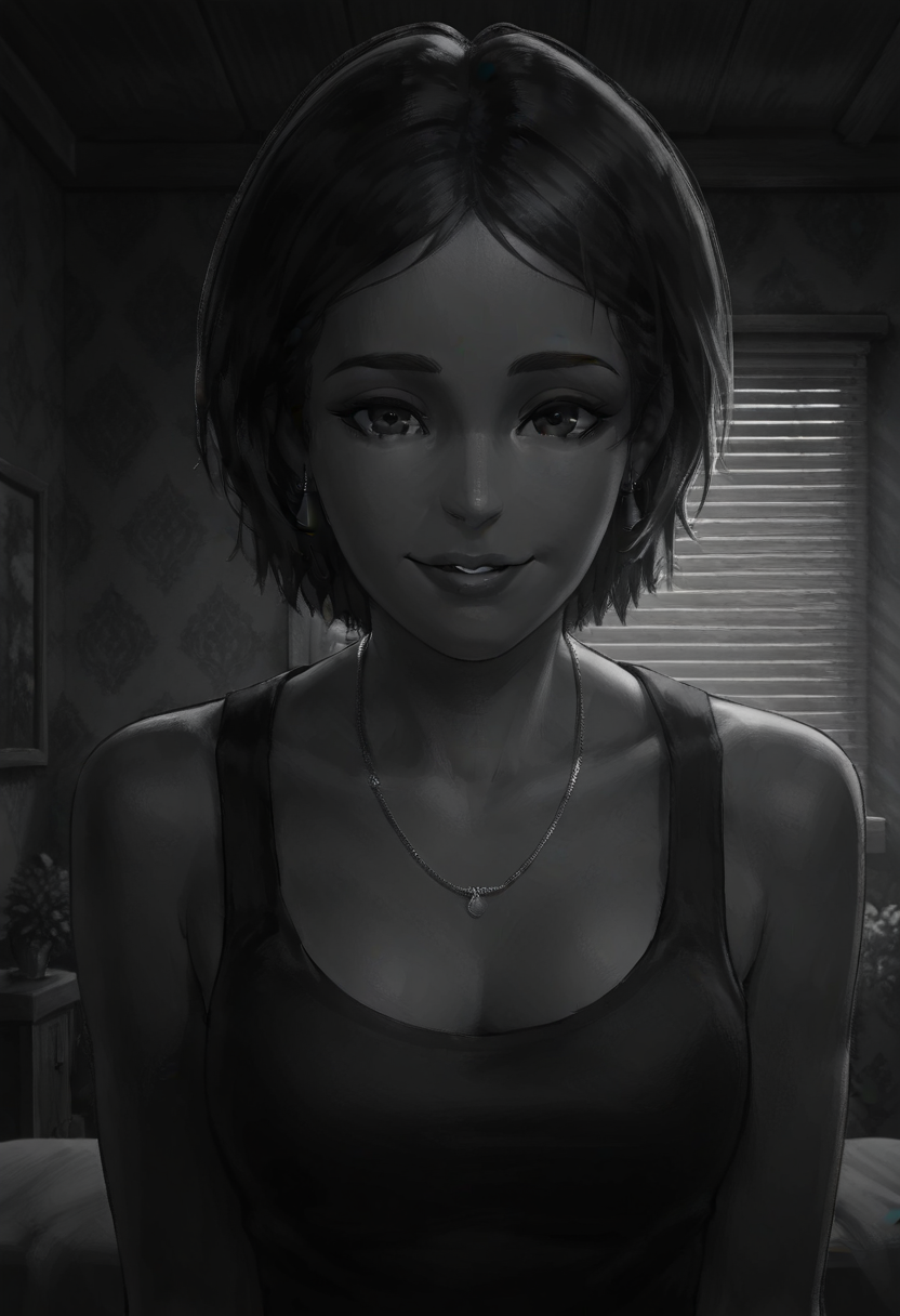 Graphic Design, greyscale, monochrome, intricate details, high contrast, detailed background, beautiful detailed, beautiful face, detailed eyes, detailed face, new, k4r1n4, 1girl, jewelry, solo, short hair, earrings, necklace, black hair, tank top, looking at viewer, room, dynamic pose, light smile, parted lips, perspective, (masterpiece, best quality, newest, recent, absurdres),