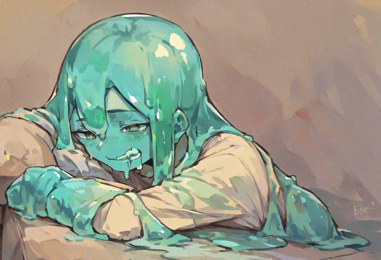 score_9, score_8_up, score_7_up, score_6_up, source_anime, 1girl, solo, (slime girl:1.1), clear skin, lazing around on a couch, drooling, dissolving, slimegirlsfw