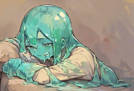score_9, score_8_up, score_7_up, score_6_up, source_anime, 1girl, solo, (slime girl:1.1), clear skin, lazing around on a couch, drooling, dissolving, slimegirlsfw