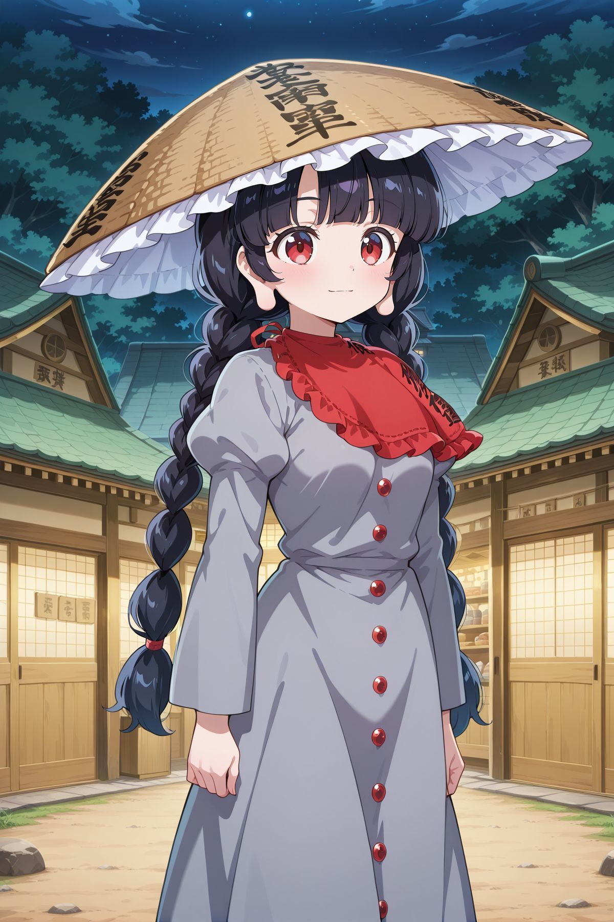 absurdres, highres, masterpiece, best quality, amazing quality, official anime artwork, screencap, anime screencap, light smile, dynamic pose,
<lora:Narumi-Yatadera_Illustrious:1> yatadera narumi, 1girl, solo, red eyes, black hair, long hair, twin braids, blunt bangs, long earlobes, small breasts,, brown hat, frilled hat, ajirogasa, red bandana, grey dress, long sleeves, clothes writing, village, night, shop, from the side,