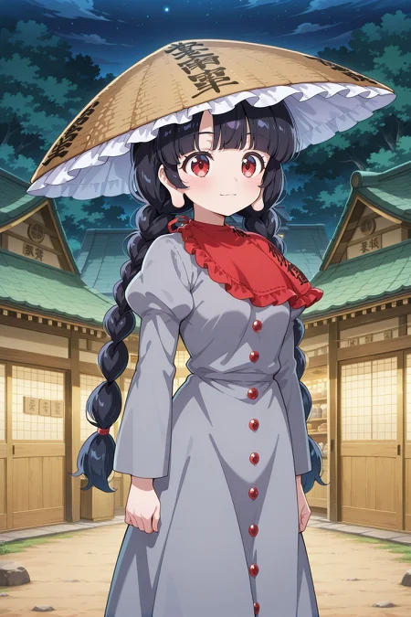 absurdres, highres, masterpiece, best quality, amazing quality, official anime artwork, screencap, anime screencap, light smile, dynamic pose,
<lora:Narumi-Yatadera_Illustrious:1> yatadera narumi, 1girl, solo, red eyes, black hair, long hair, twin braids, blunt bangs, long earlobes, small breasts,, brown hat, frilled hat, ajirogasa, red bandana, grey dress, long sleeves, clothes writing, village, night, shop, from the side,