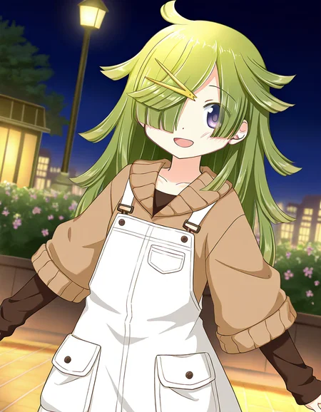 masterpiece, best quality, newest, absurdres, highres, safe, 1girl, aki mabayu \(casual costume\), magia record: mahou shoujo madoka magica gaiden, smile, open mouth, solo, night, outdoors, dutch angle, <lora:20241225074500_aki_mabayu_noobaiXLNAIXL_vPred10Version:0.7>