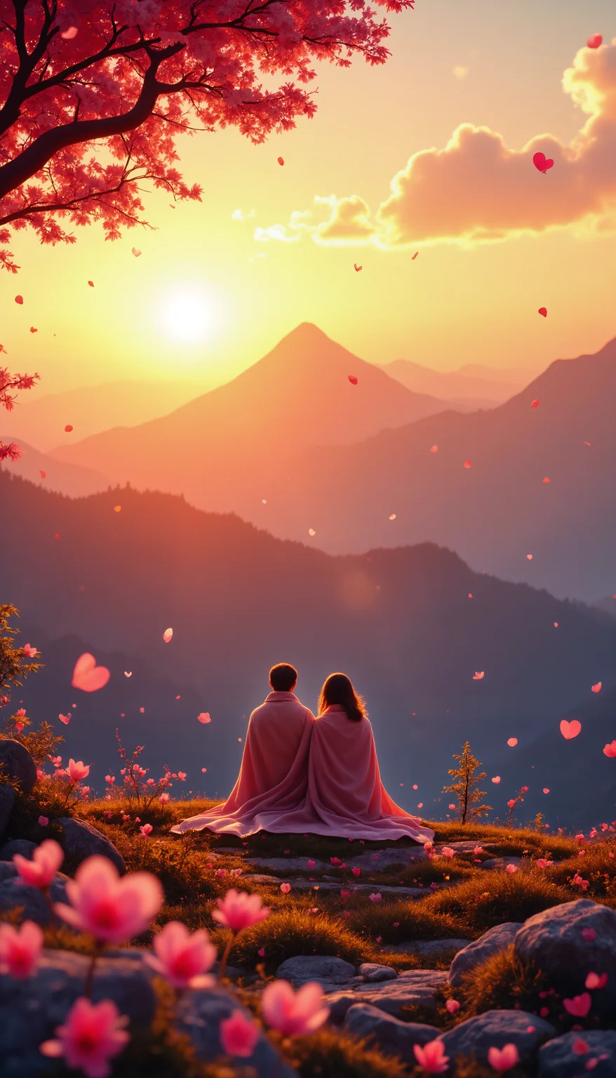 blissful valentine, A breathtaking mountain peak at sunset, where two lovers stand wrapped in a shared blanket, gazing at the golden sky, as petals from a nearby cherry blossom tree float in the wind.