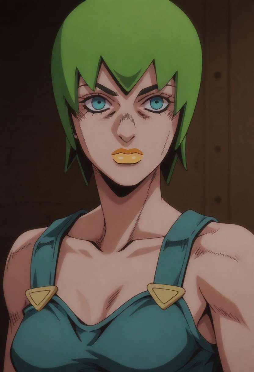 masterpiece, best quality, amazing quality,,, shiny skin,,,,,  (((1girl, solo, FooFighters, Green Hair, Short Hair, Cyan Eyes, Yellow Lipstick, Teal Overalls, Gold Buttons, perfect face, detailed eyes))),