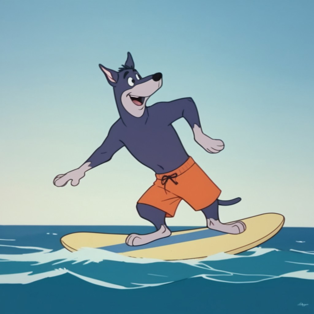 score_9, score_8_up, score_7_up, score_6_up, score_5_up, score_4_up, source_furry, dynomuttHB, semi-anthro, male, Doberman, dog, Blue-gray fur, black eyes, orange swim trunks, surfboard, ocean, surfing