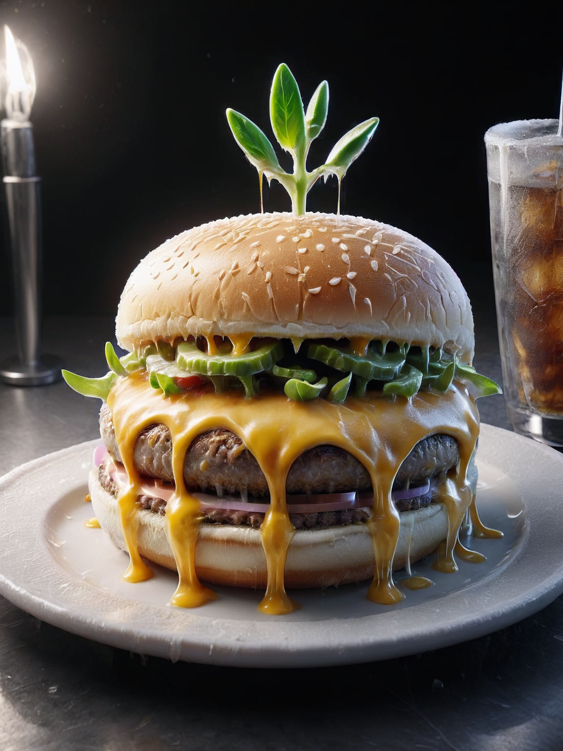 ais-sproutz cheeseburger, on a plate in a late night diner <lora:Sprouting_Spring_SDXL:1>