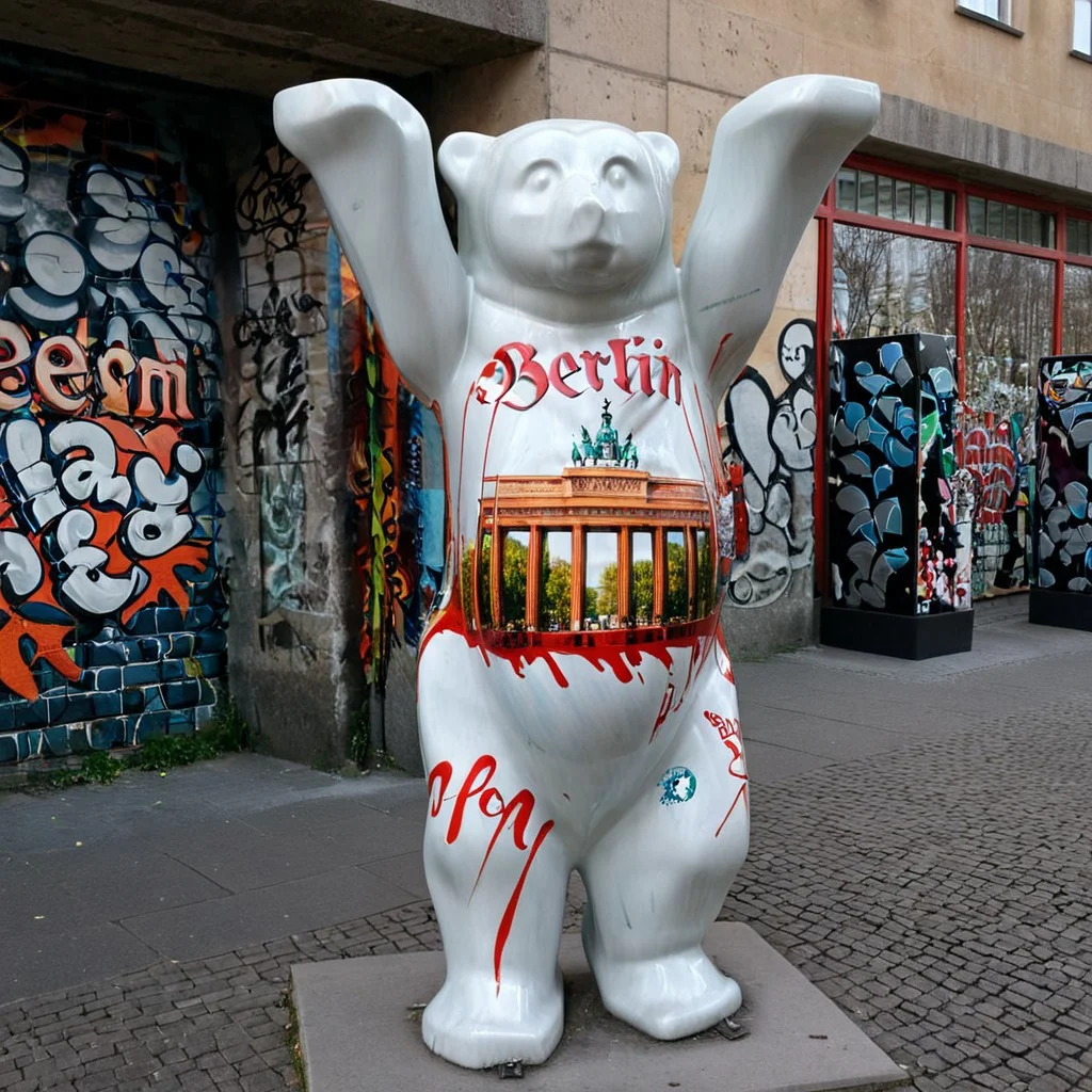 tourist photo of buddy Bear in Berlin,
photorealistic, realistic, best quality, real photo of a buddy Bear, BuddyBear, Berlin BuddyBear.
Bear sculpture, plastic bear, sightseeing in Berlin,
beautiful Berlin city art painted on it, city art painted on buddy Bear,
city, Berlin city, tourist photo, UrbanGraffiti,
beautiful background in Berlin, urban background,
sunny day, Summer day, realistic style