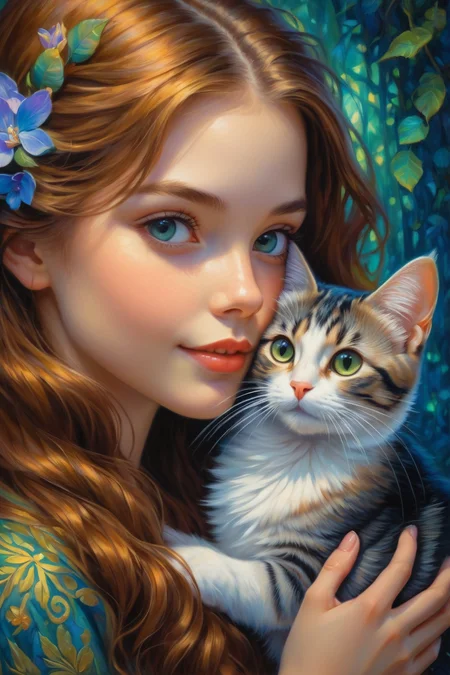 by Victor Nizovtsev and Becky Cloonan in the style of Phuoc Hoai Nguyen and Mark Keathley and Jasmine Becket-Griffith, cute 18 year old woman and her pet, digital oil pastel on canvas<lora:oil_pastel:1.00> of a cinematic photo <lora:juggernaut_cinematic:1.00>