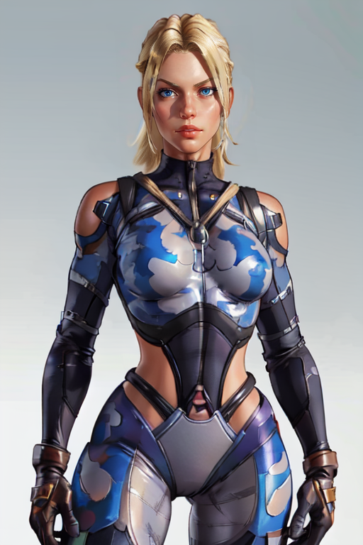 cowboy_shot,white background,masterpiece,best quality,extreme detail,8k,<lora:nina:0.8>,nina2, 1girl, solo, blue eyes, blonde hair, gloves, bodysuit, zoom layer
