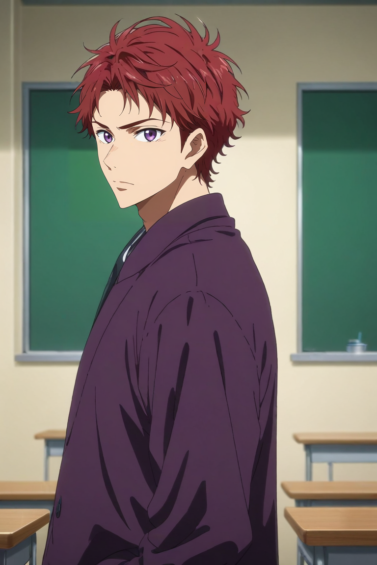 score_9, score_8_up, score_7_up, source_anime, rating_safe, , anime screencap, anime coloring, official style, looking at viewer, , 1boy, solo, male focus, <lora:asahi_shiina_pony:0.78>, asahi_shiina, red hair, purple eyes, short hair, from side, classroom, dark, arms behind head, expressionless, dwarf costume, <lora:sdxl_lightning_8step_lora:1>